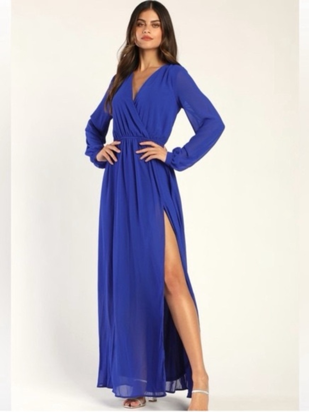 Lulu's Cobalt Blue Long Sleeve Ruched Maxi Dress